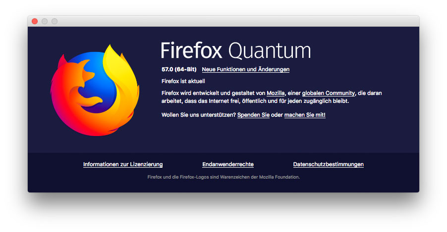 Firefox Quantum about Firefox Version 57